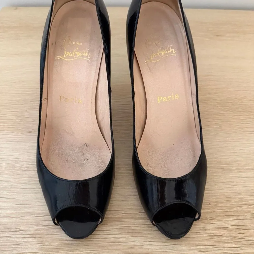 Christian Louboutin Black Patent Leather Peep Toe Stiletto Heels Size 39